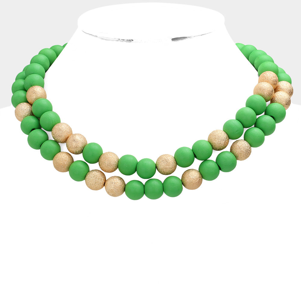 Green Mardi Gras Brass Metal Wood Ball Double Layered Necklace