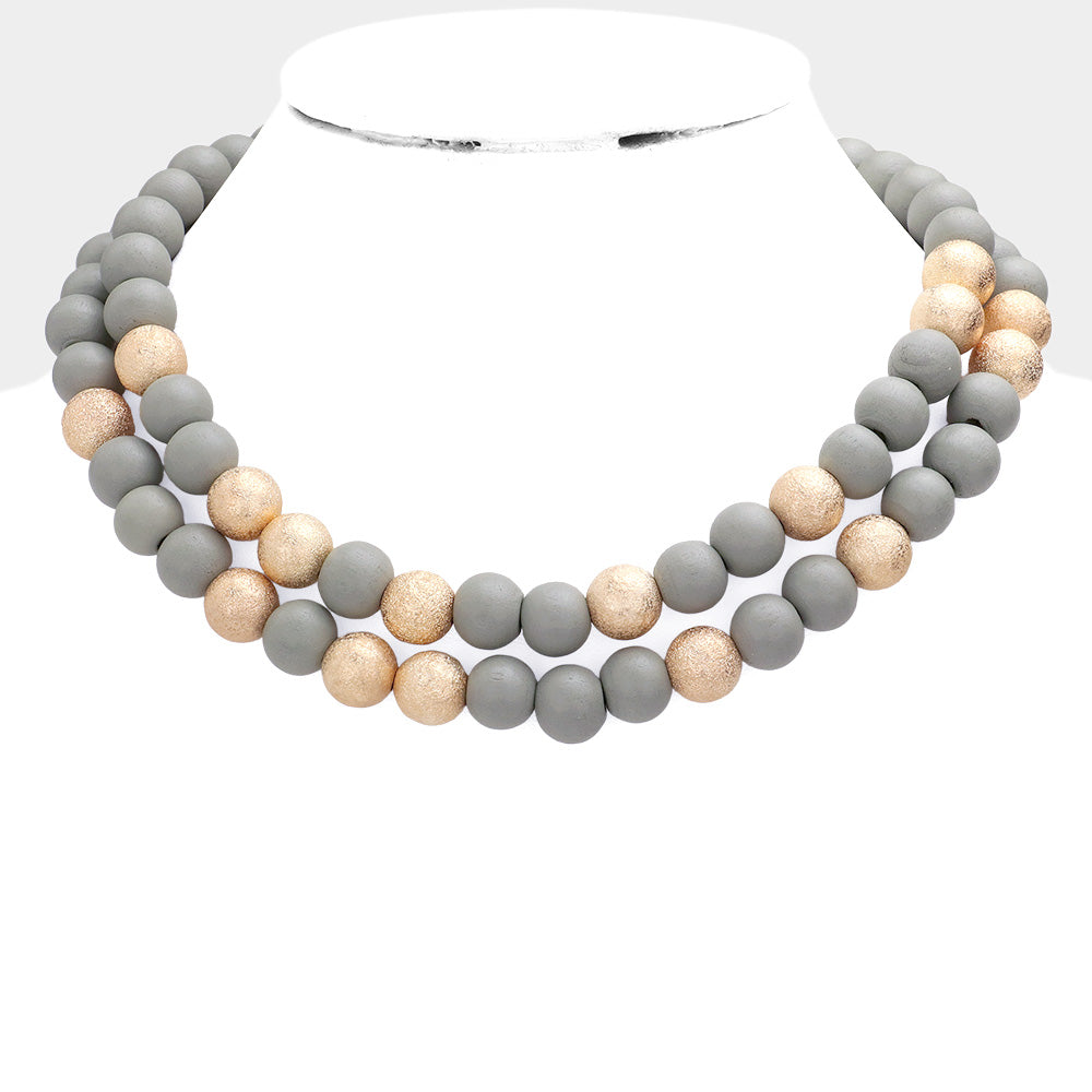 Gray Brass Metal Wood Ball Double Layered Necklace