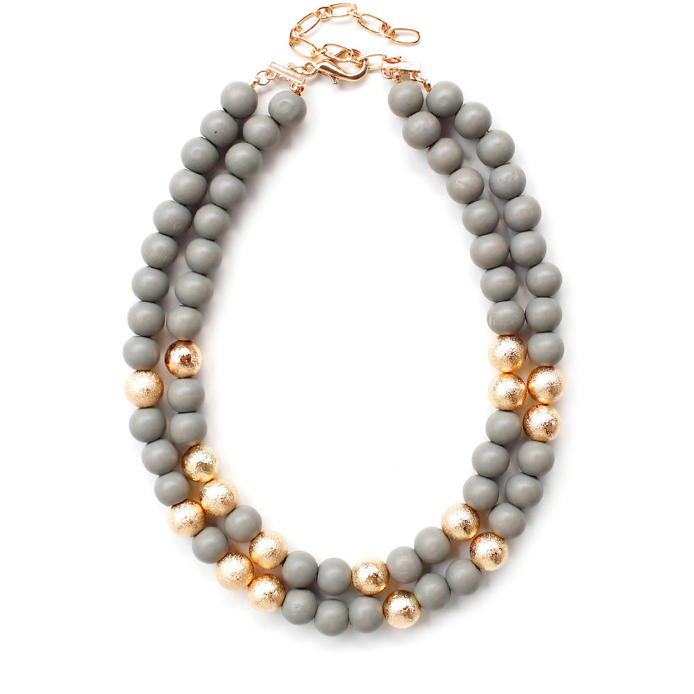 Gray Brass Metal Wood Ball Double Layered Necklace