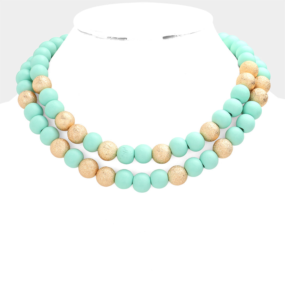Mint Brass Metal Wood Ball Double Layered Necklace