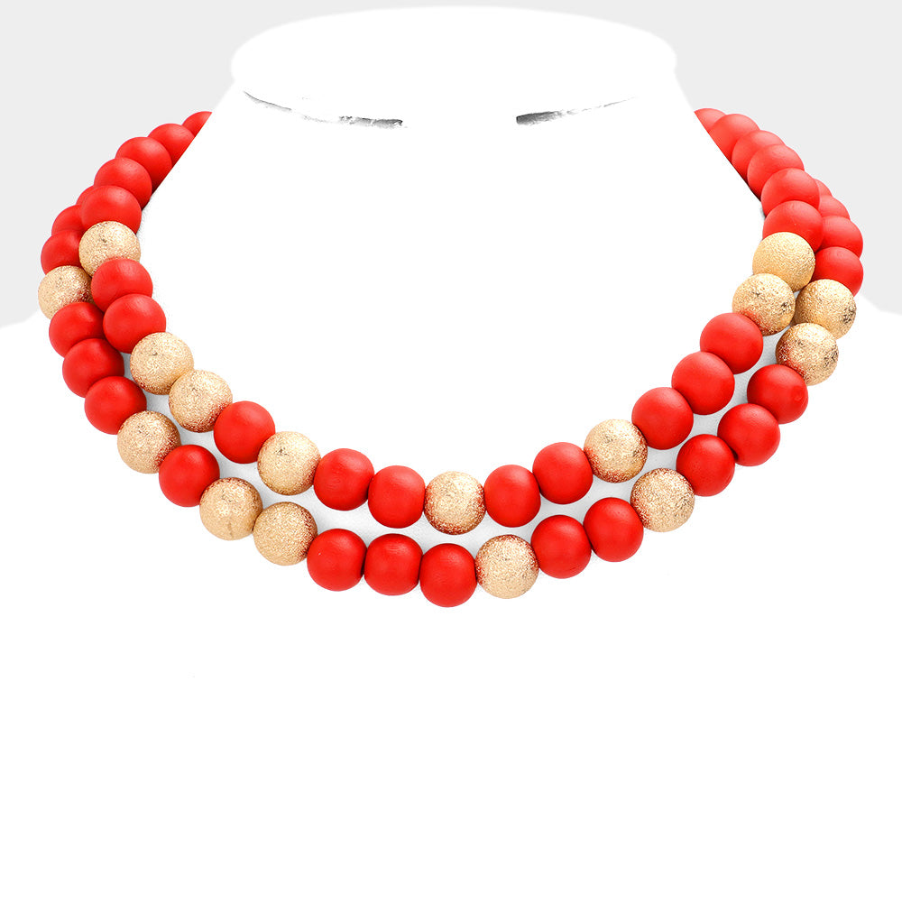 Red Mardi Gras Brass Metal Wood Ball Double Layered Necklace