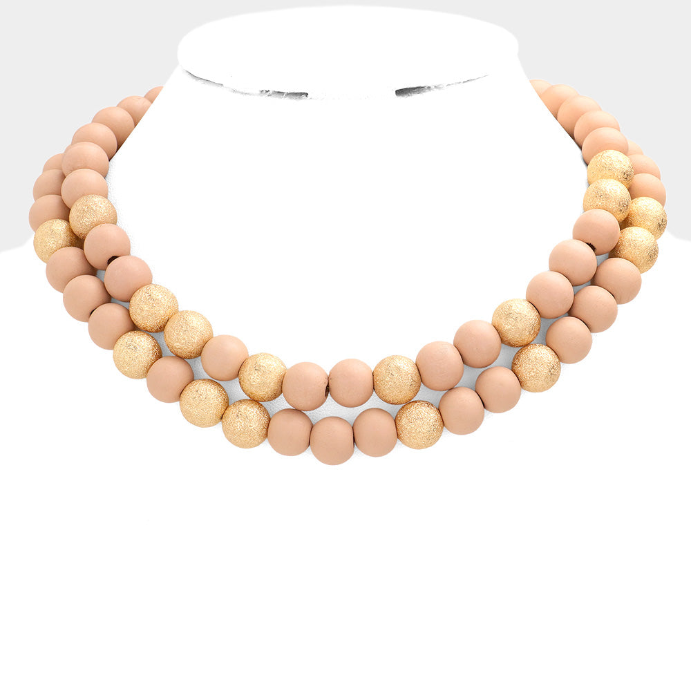 Pink Brass Metal Wood Ball Double Layered Necklace