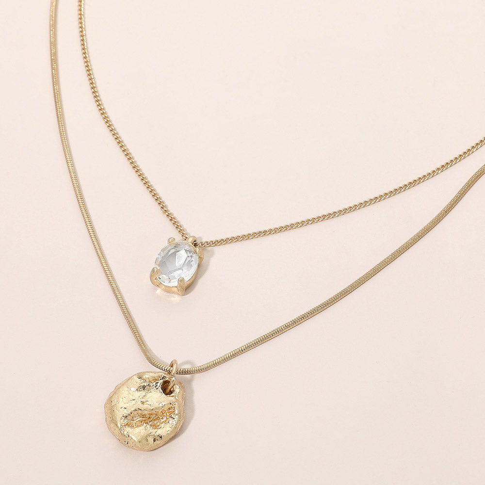 Madeline Love Worn Gold FAceted Gem Hammered Disc Pendant Layered Necklace