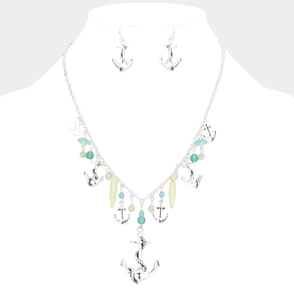 Madeline Love Mint Metal Anchor Pendant Station Statement Necklace - Necklaces
