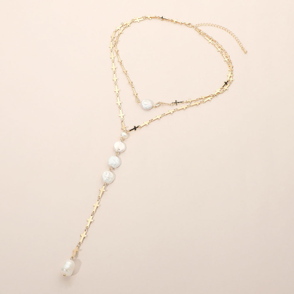 Madeline Love Cream, Gold Round Pearl Link Charm Drop Cross Link Chain Y Necklace