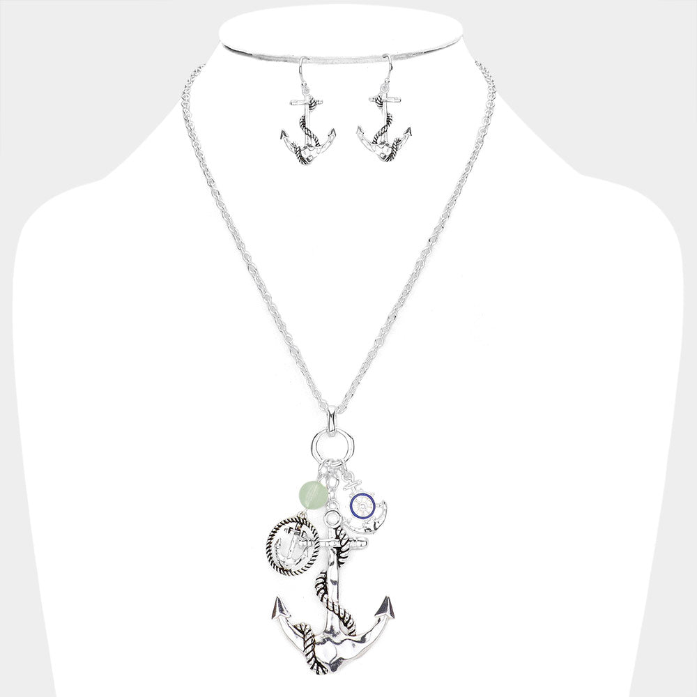 Antique Silver Enamel Ship Heel Detailed Metal Anchor Pendant Necklace