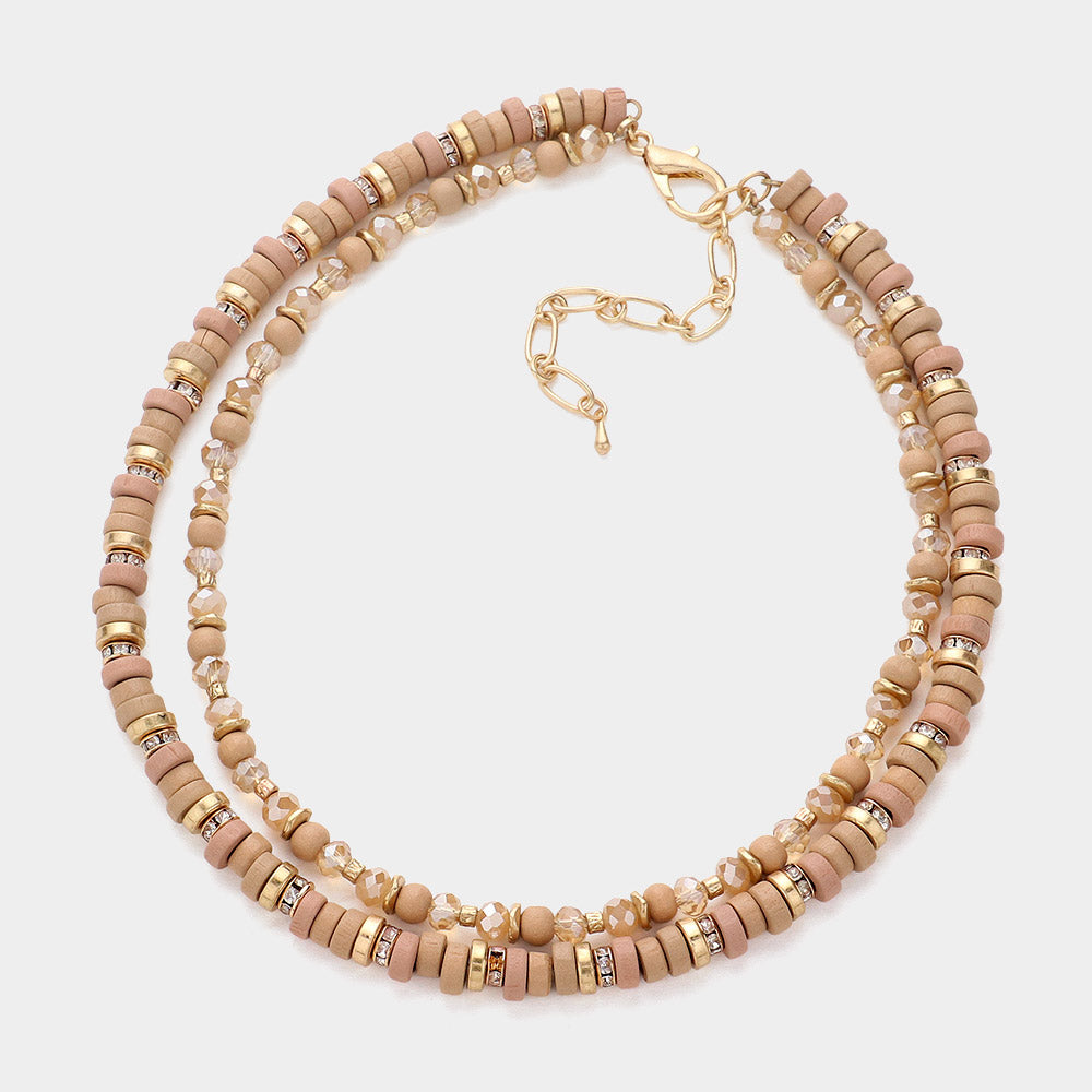Madeline Love Neutral Wood Faceted Beaded Layered Necklace - Necklaces - desc