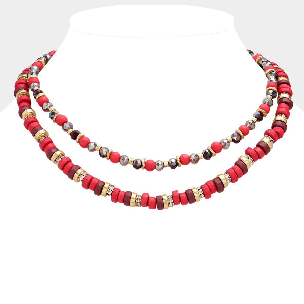 Madeline Love Red Wood Faceted Beaded Layered Necklace - Necklaces