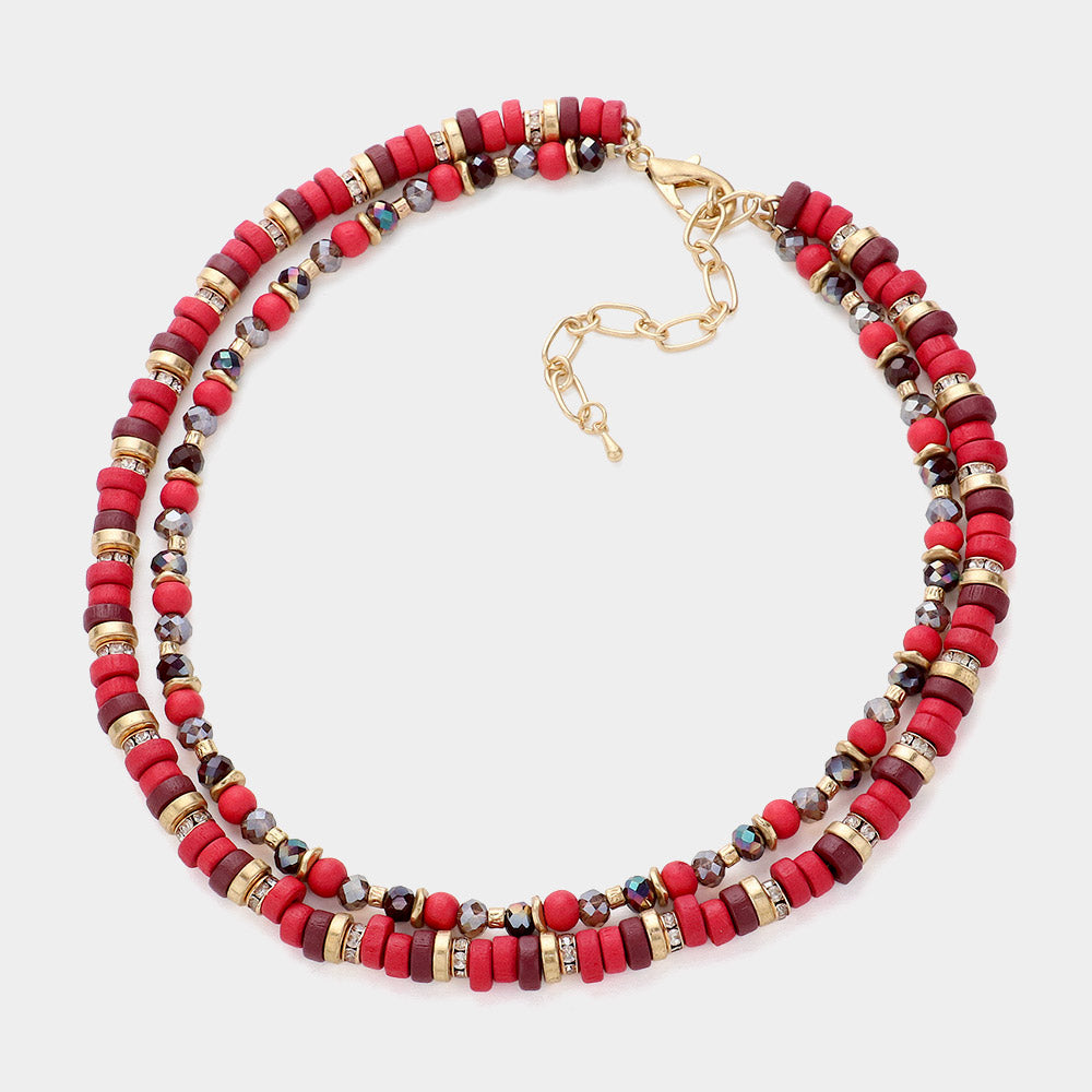 Madeline Love Red Wood Faceted Beaded Layered Necklace - Necklaces - desc