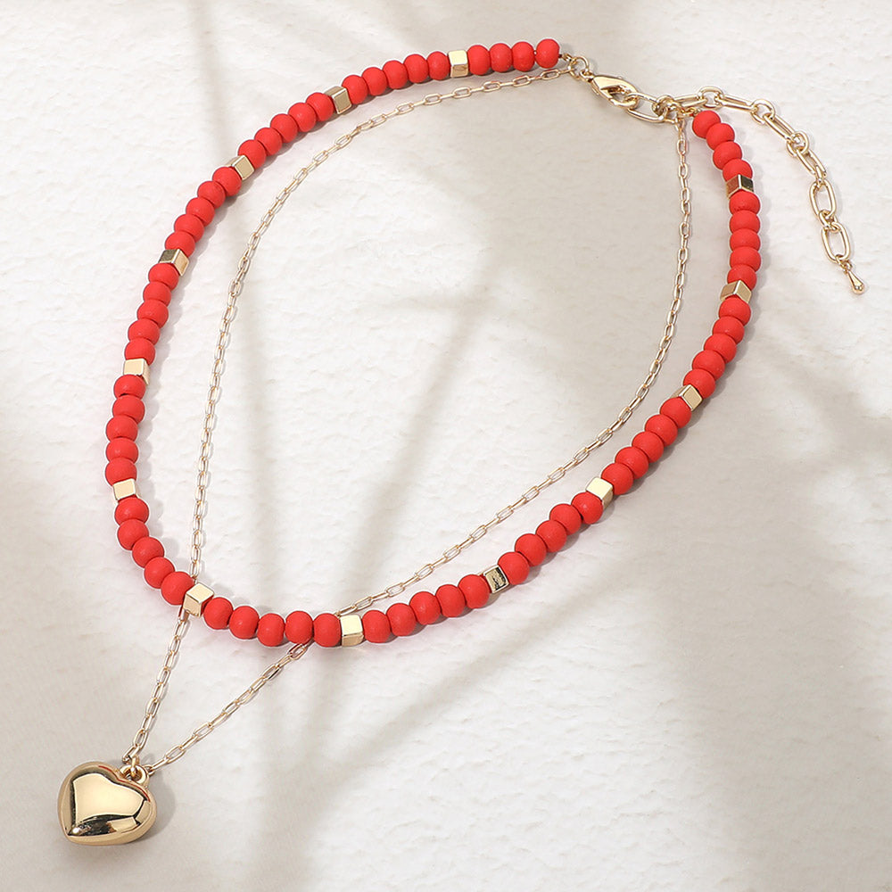 Madeline Love Red Puffy Metal Heart Pendant Accent Wooden Ball Beaded Layered Necklace - Necklaces