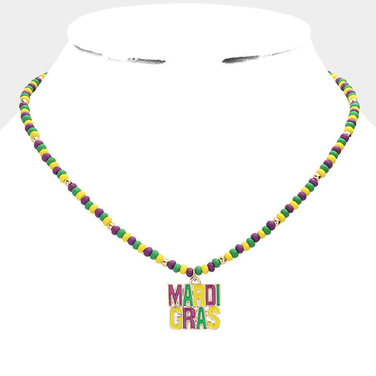 Multi Mardi Gras Message Pendant Wood Ball Necklace