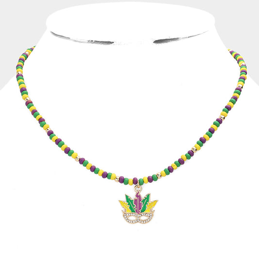 Multi Mardi Gras Mask Pendant Wood Ball Necklace