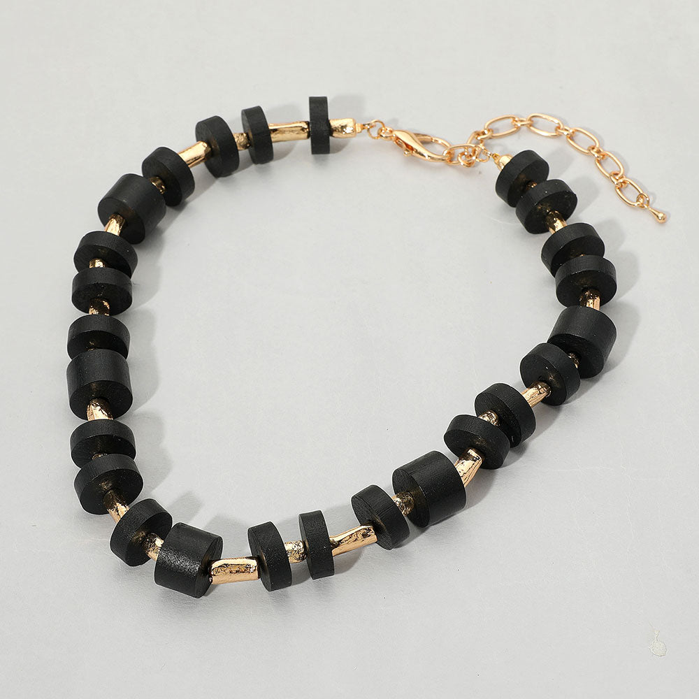 Madeline Love Black Wooden Stacked Disc Textured Metal Bar Beaded Statement Necklace - Necklaces