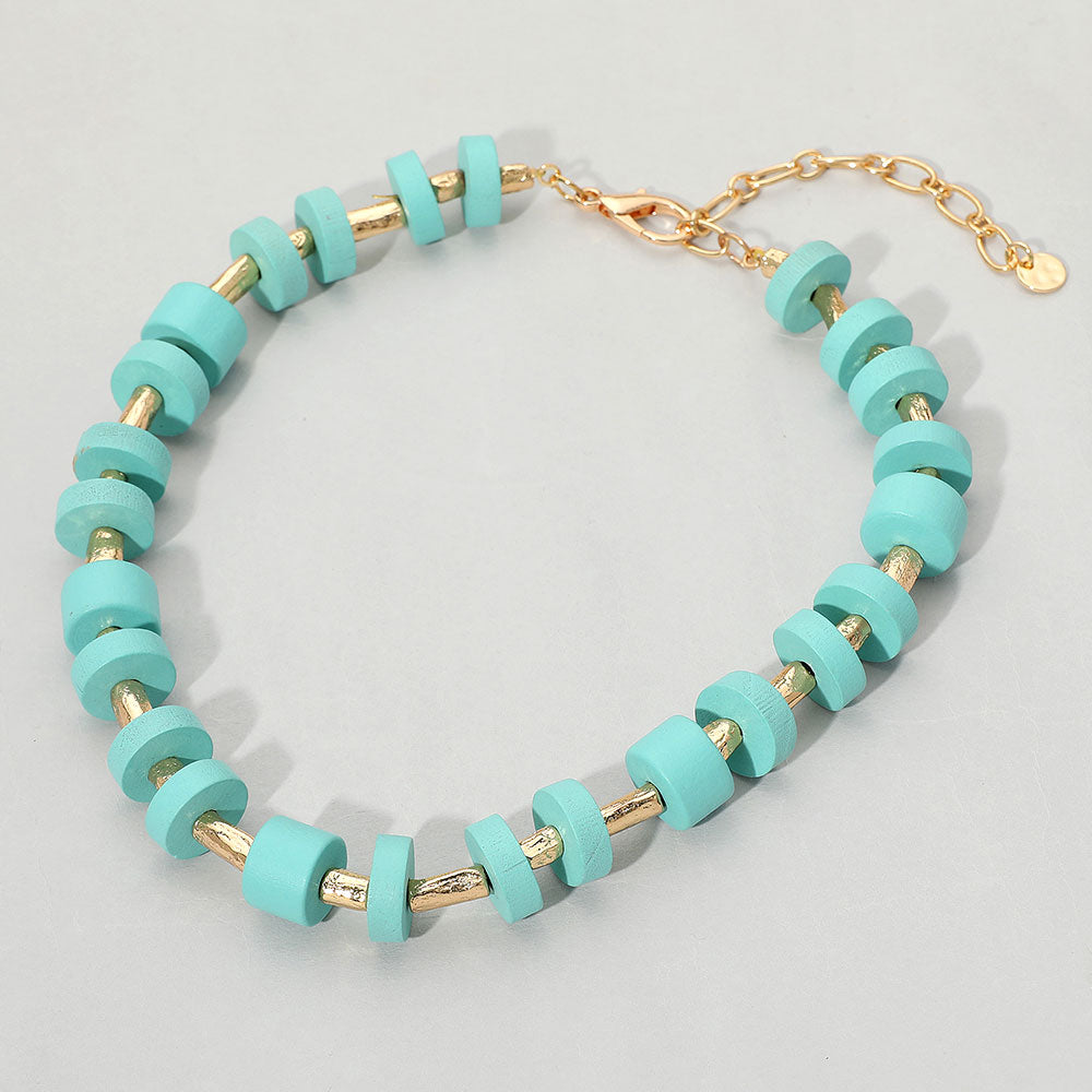 Madeline Love Turquoise Wooden Stacked Disc Textured Metal Bar Beaded Statement Necklace - Necklaces