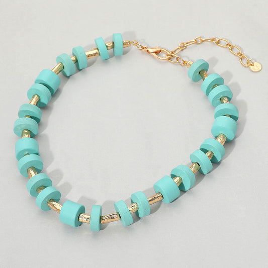 Madeline Love Turquoise Wooden Stacked Disc Textured Metal Bar Beaded Statement Necklace - Necklaces