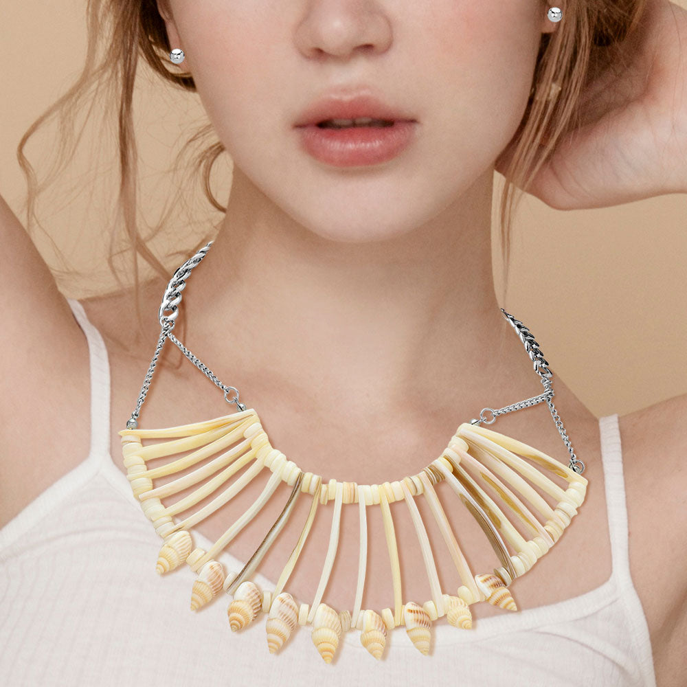 Rhodium Shell bar bib necklace