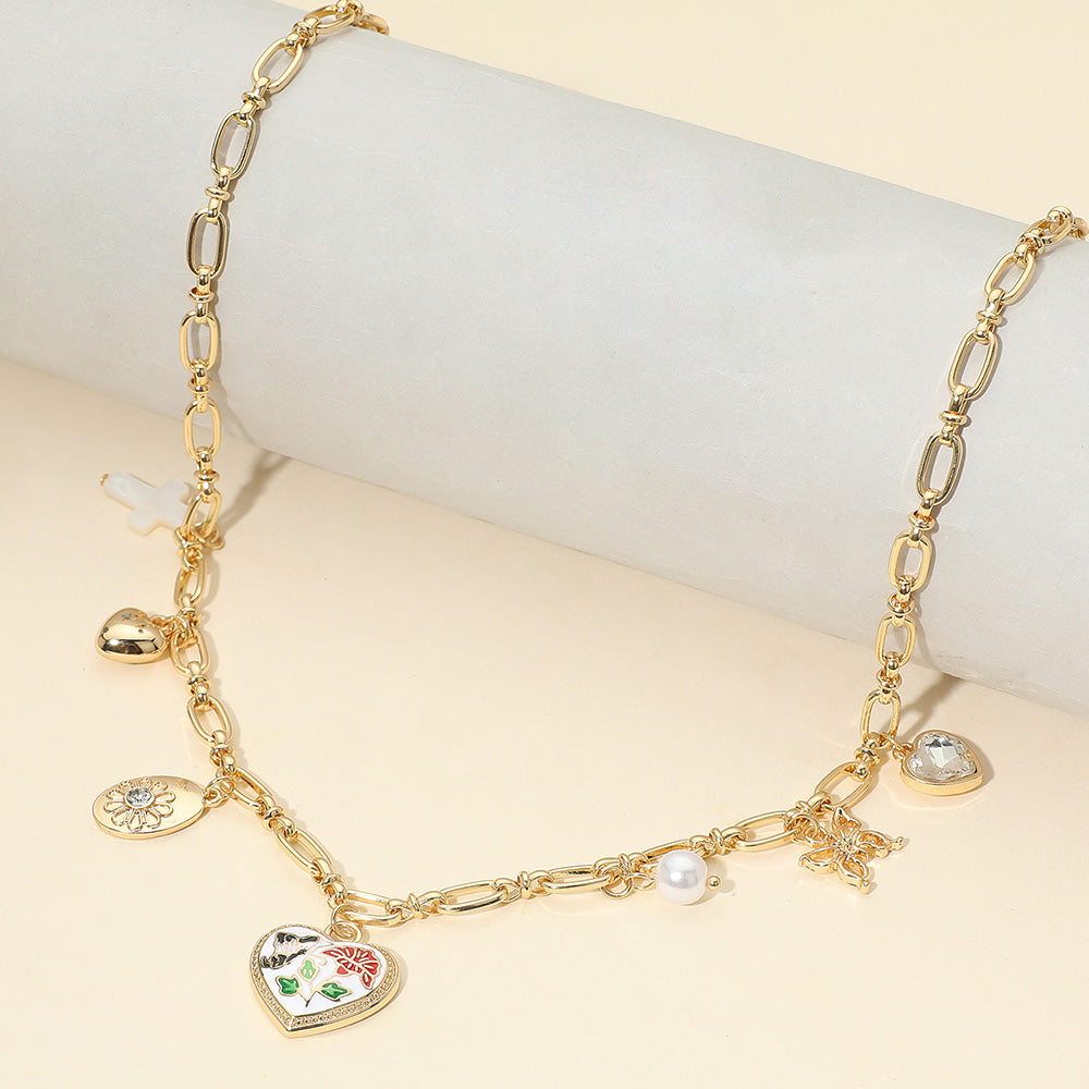 Madeline Love Gold, White Butterfly Flower Enamel Detailed Heart Pendant Charm Station Necklace - Necklaces