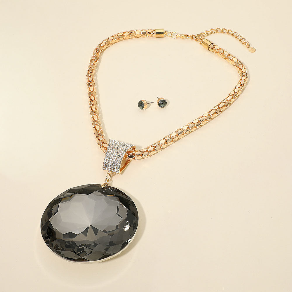 Madeline Love Black Diamond, Gold Oversized Round Glass Stone Pendant Pointed Necklace - Necklaces