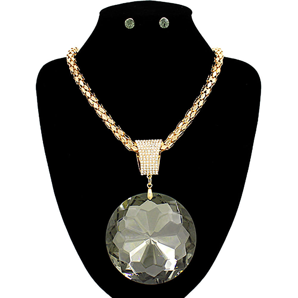 Madeline Love Black Diamond, Gold Oversized Round Glass Stone Pendant Pointed Necklace - Necklaces - extra