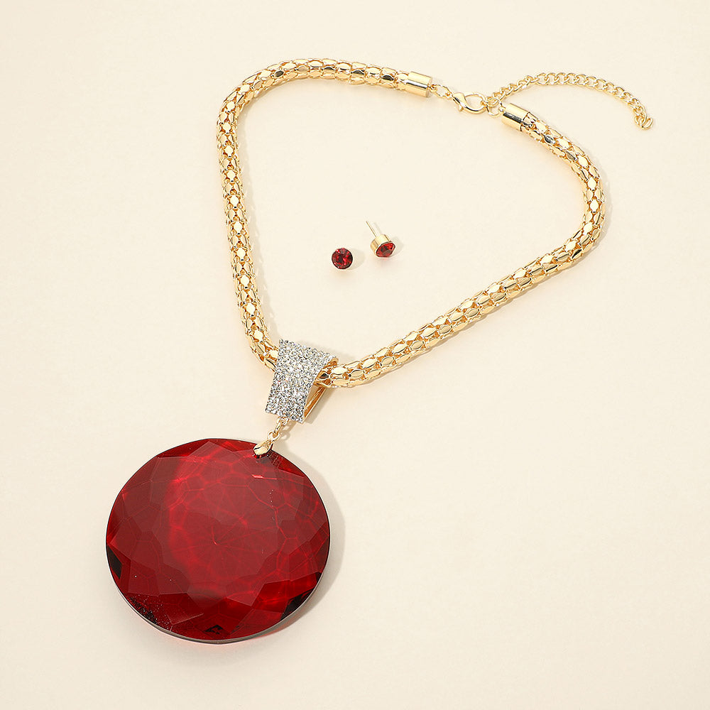 Madeline Love Burgundy, Gold Oversized Round Glass Stone Pendant Pointed Necklace