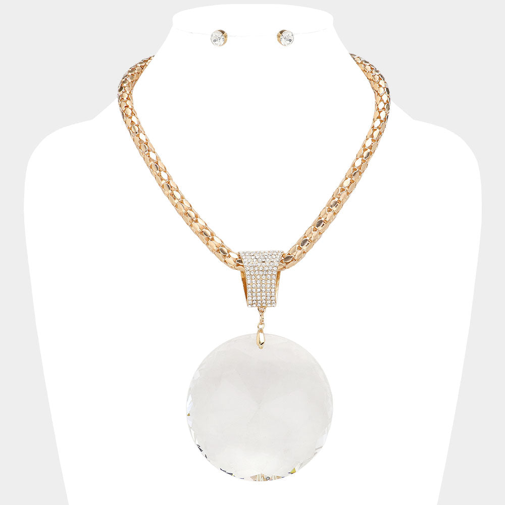 Madeline Love Clear, Gold Oversized Round Glass Stone Pendant Pointed Necklace - Necklaces