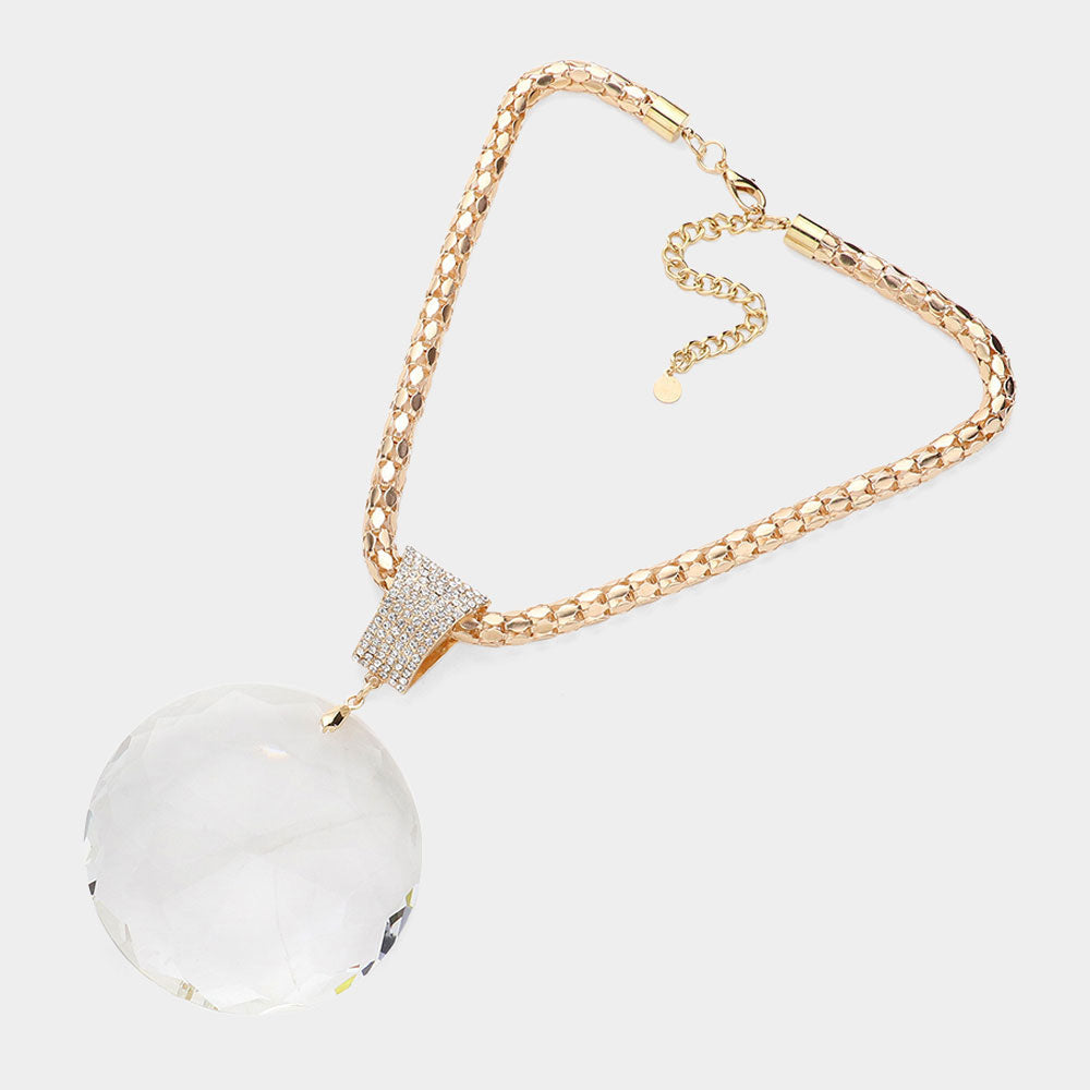 Madeline Love Clear, Gold Oversized Round Glass Stone Pendant Pointed Necklace - Necklaces - desc