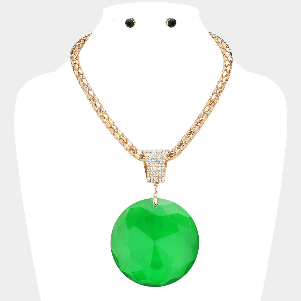 Madeline Love Emerald, Gold Oversized Round Glass Stone Pendant Pointed Necklace - Necklaces