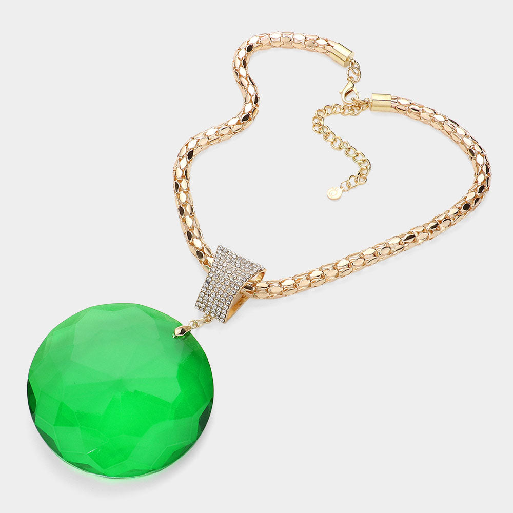 Madeline Love Emerald, Gold Oversized Round Glass Stone Pendant Pointed Necklace - Necklaces - desc
