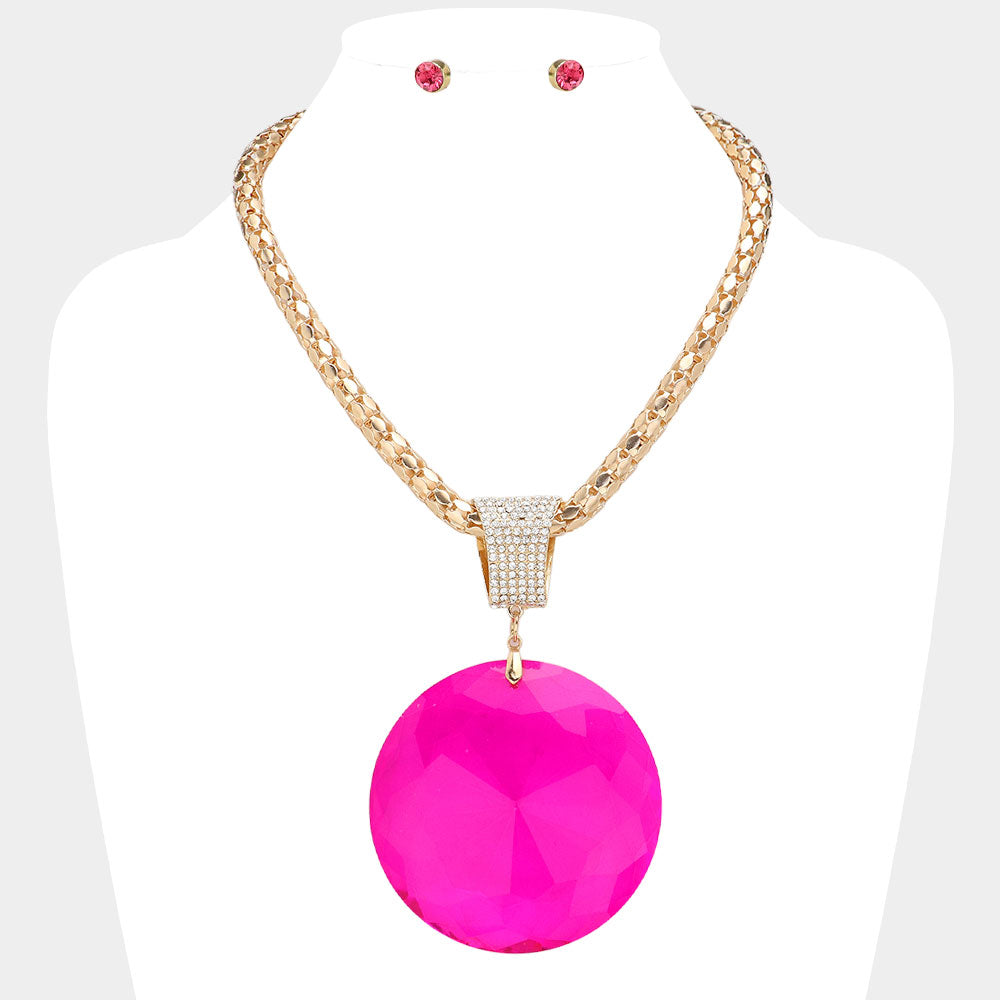 Madeline Love Fuchsia, Gold Oversized Round Glass Stone Pendant Pointed Necklace - Necklaces