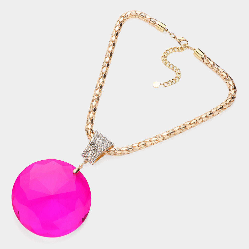 Madeline Love Fuchsia, Gold Oversized Round Glass Stone Pendant Pointed Necklace - Necklaces - desc