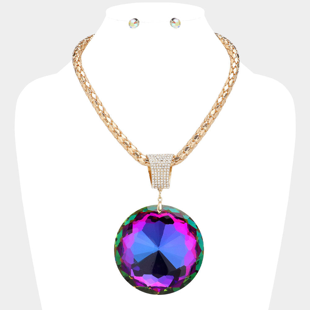 Madeline Love Gold, Vitrail Medium Oversized Round Glass Stone Pendant Pointed Necklace - Necklaces
