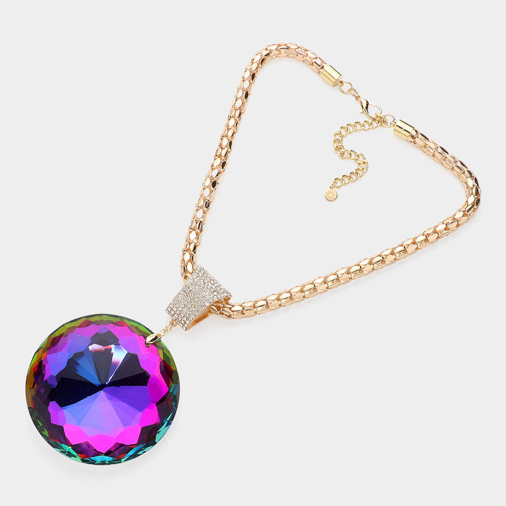 Madeline Love Gold, Vitrail Medium Oversized Round Glass Stone Pendant Pointed Necklace - Necklaces - desc