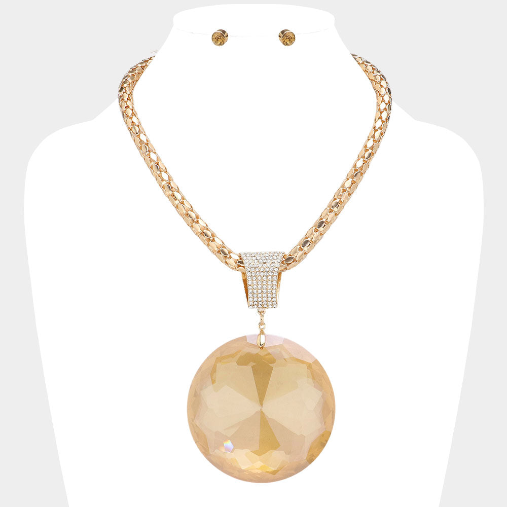 Madeline Love Gold, Lt Col Topaz Oversized Round Glass Stone Pendant Pointed Necklace - Necklaces