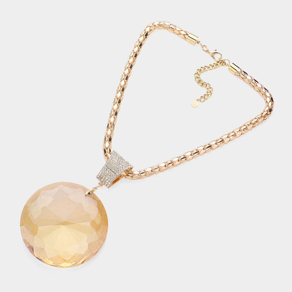 Madeline Love Gold, Lt Col Topaz Oversized Round Glass Stone Pendant Pointed Necklace - Necklaces - desc