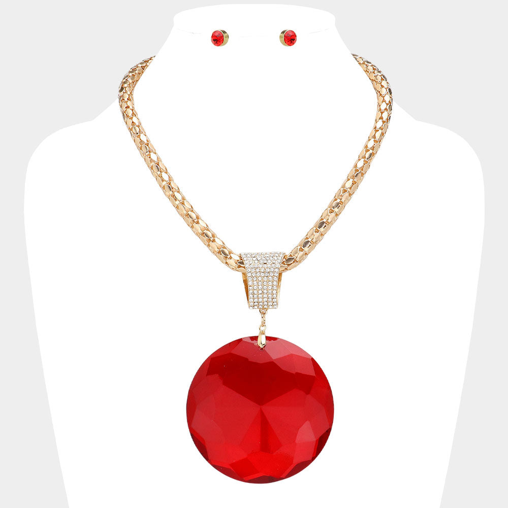Madeline Love Gold, Siam Oversized Round Glass Stone Pendant Pointed Necklace - Necklaces