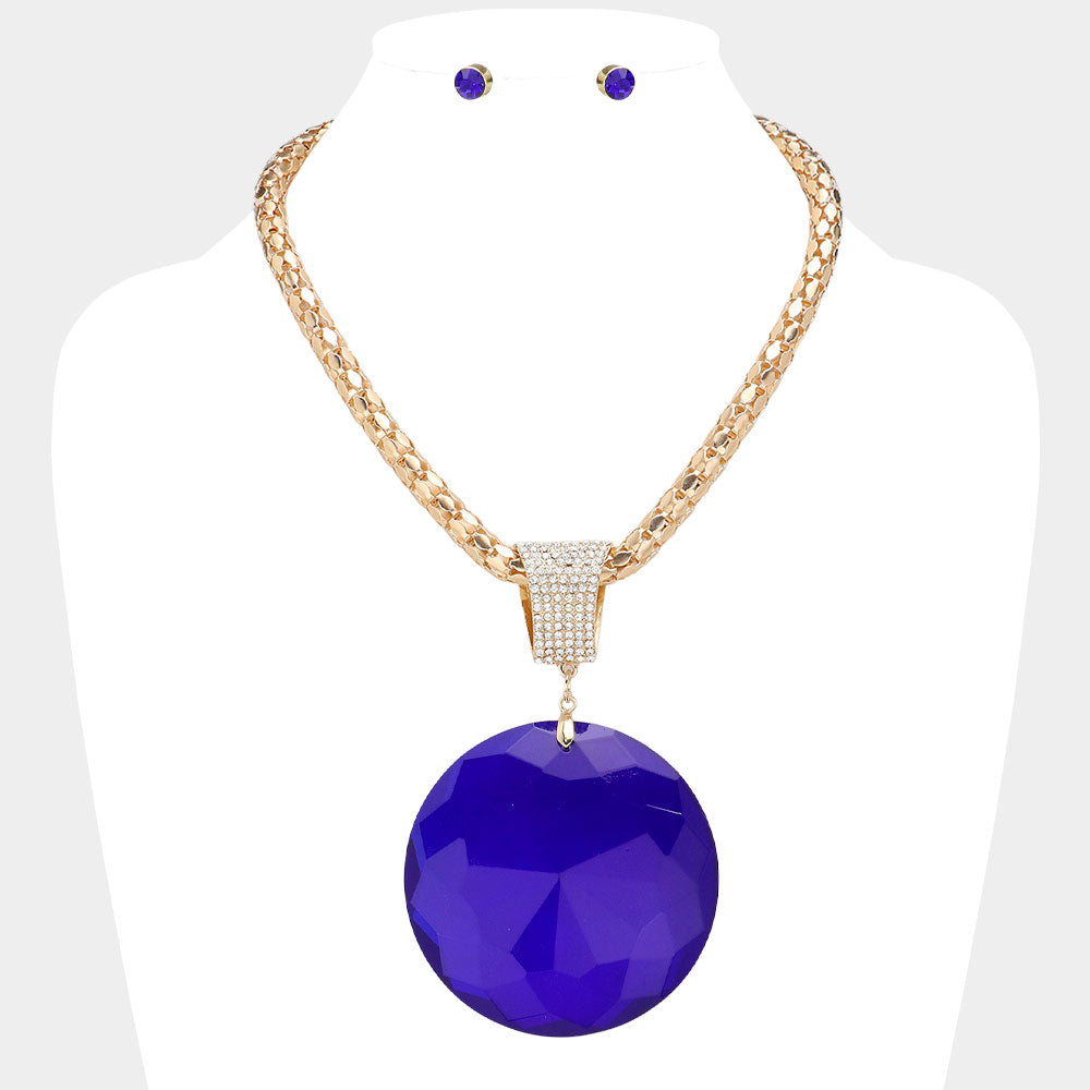 Madeline Love Gold, Sapphire Oversized Round Glass Stone Pendant Pointed Necklace