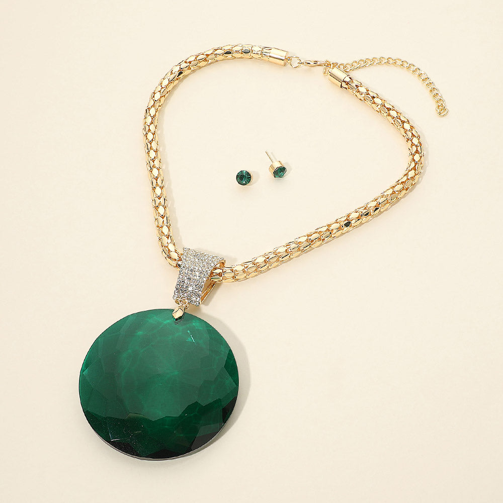 Madeline Love Gold, Teal Oversized Round Glass Stone Pendant Pointed Necklace