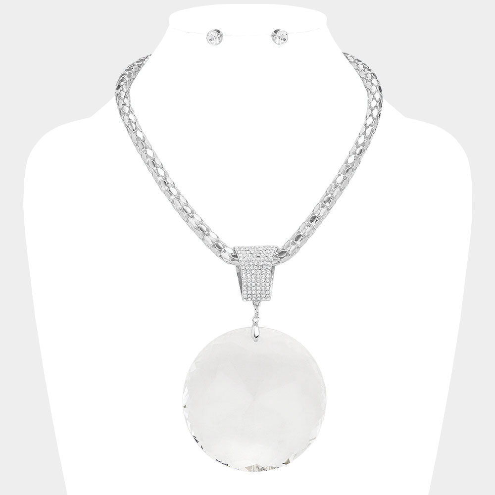 Madeline Love Clear, Rhodium Oversized Round Glass Stone Pendant Pointed Necklace - Necklaces