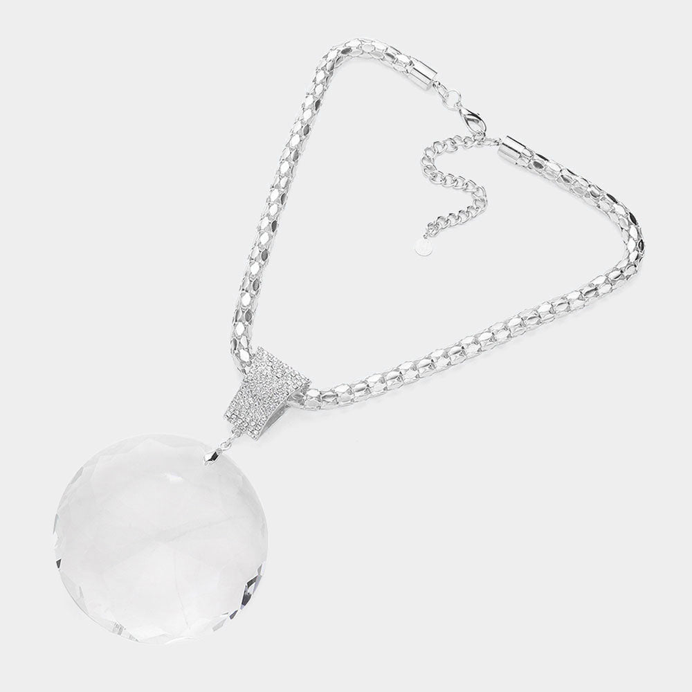Madeline Love Clear, Rhodium Oversized Round Glass Stone Pendant Pointed Necklace - Necklaces - desc