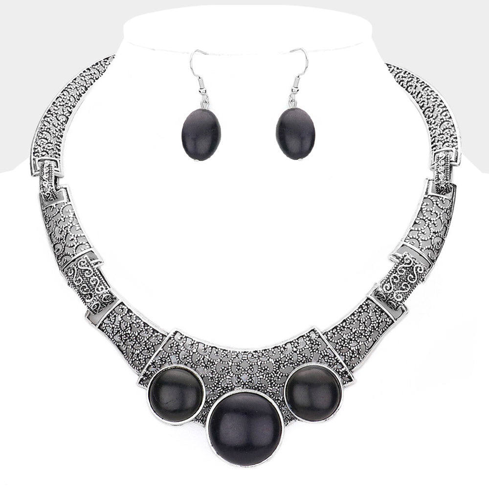 Madeline Love Black, Silver Burnished Antique Metal Natural Stone Accented Filigree Collar Necklace - Necklaces