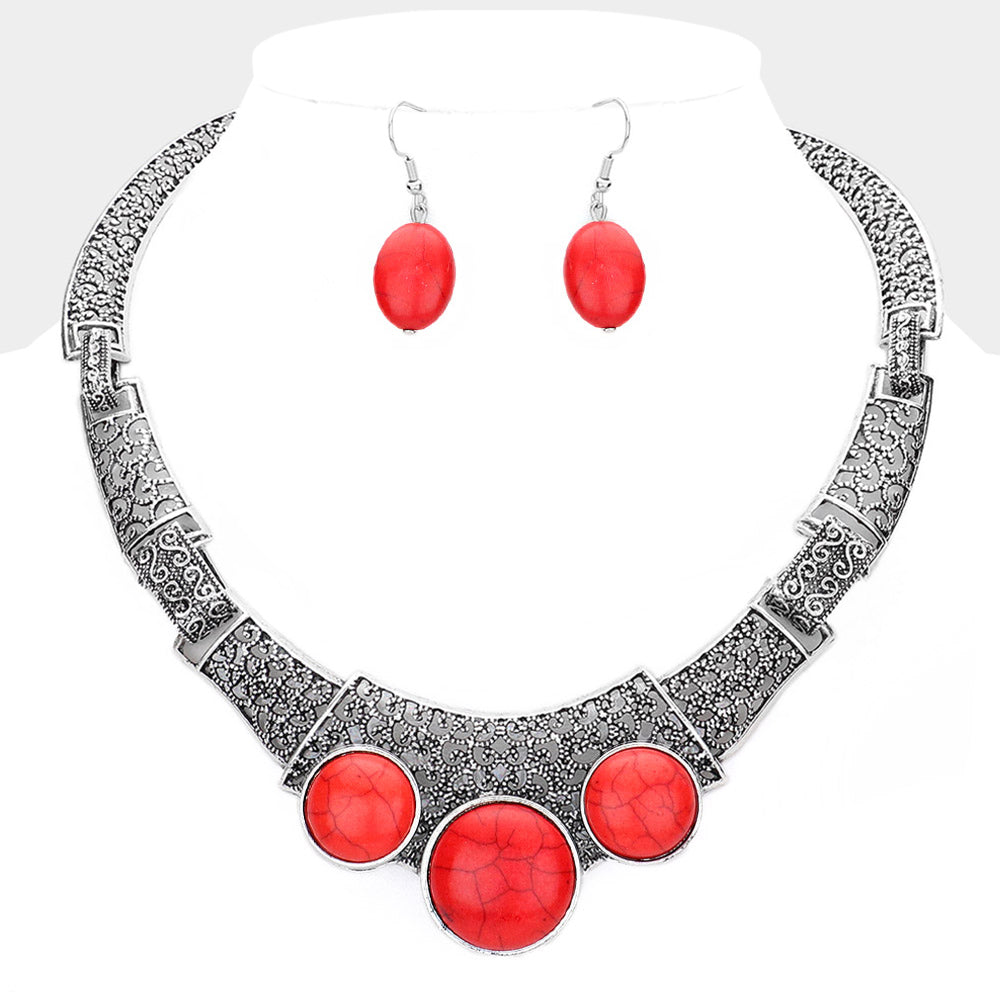 Madeline Love Red, Silver Burnished Antique Metal Natural Stone Accented Filigree Collar Necklace - Necklaces