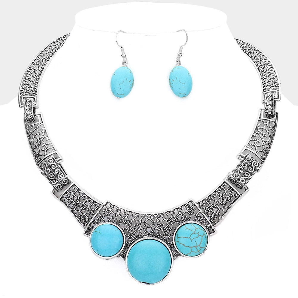 Madeline Love Silver Burnished, Turquoise Antique Metal Natural Stone Accented Filigree Collar Necklace - Necklaces