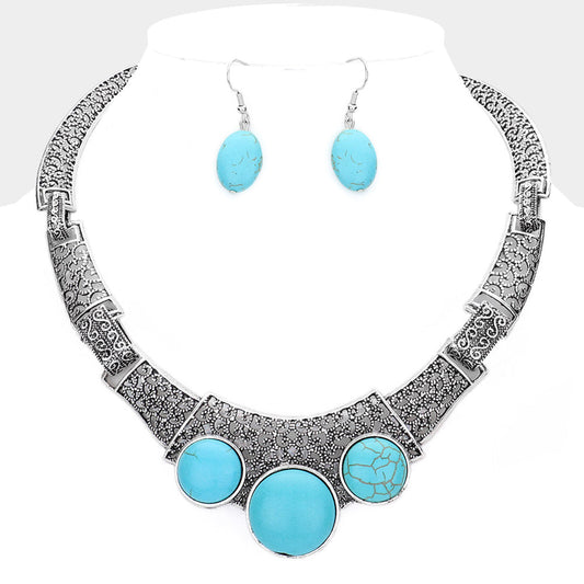 Madeline Love Silver Burnished, Turquoise Antique Metal Natural Stone Accented Filigree Collar Necklace - Necklaces