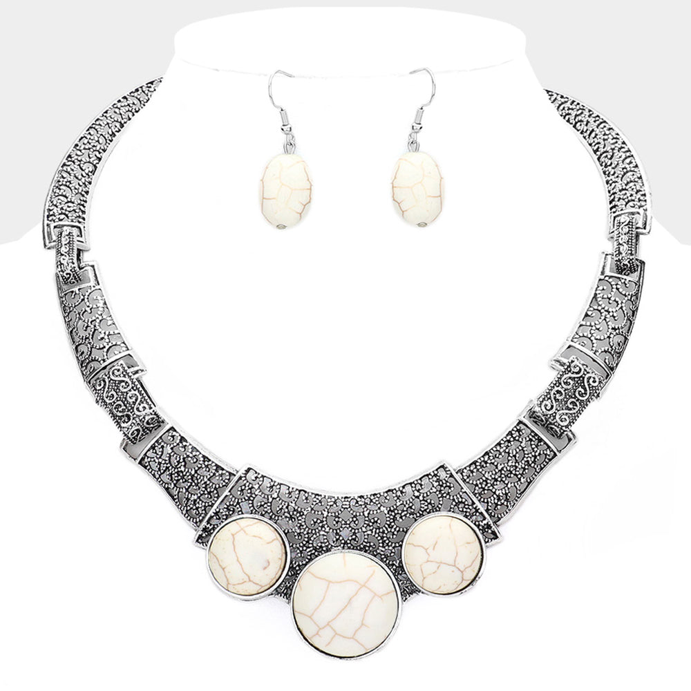 Madeline Love Silver Burnished, White Antique Metal Natural Stone Accented Filigree Collar Necklace - Necklaces