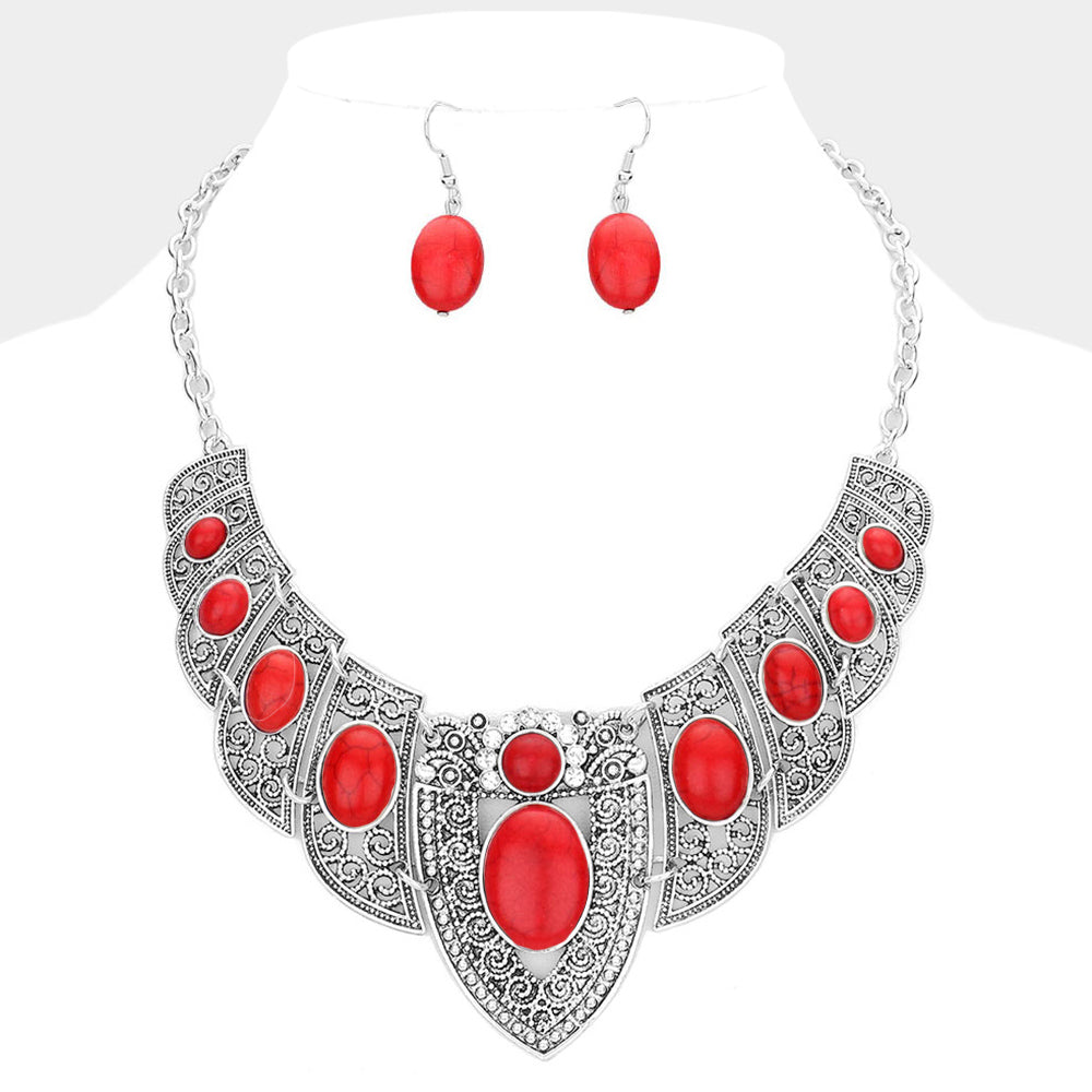 Madeline Love Red, Silver Burnished Antique Metal Natural Stone Embellished Necklace - Necklaces