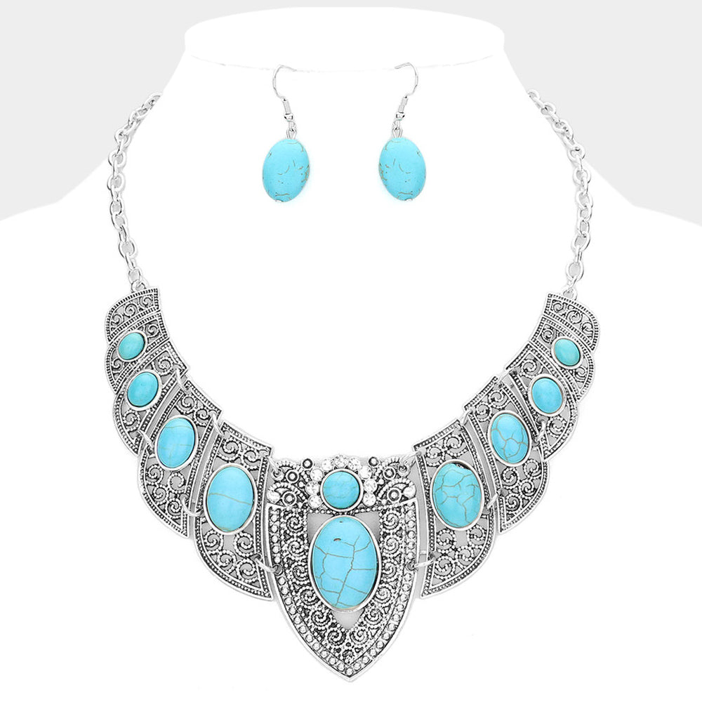 Madeline Love Silver Burnished, Turquoise Antique Metal Natural Stone Embellished Necklace - Necklaces