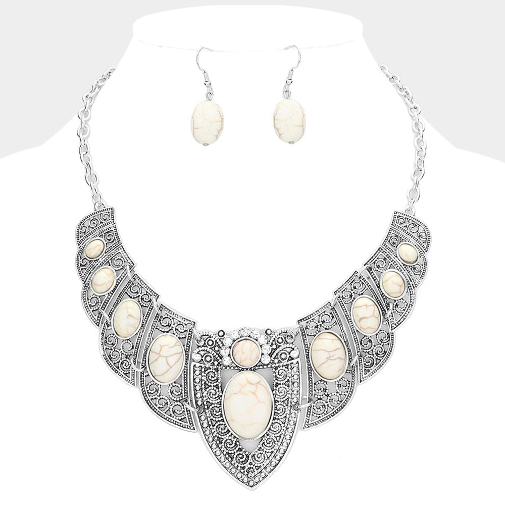 Madeline Love Silver Burnished, White Antique Metal Natural Stone Embellished Necklace - Necklaces