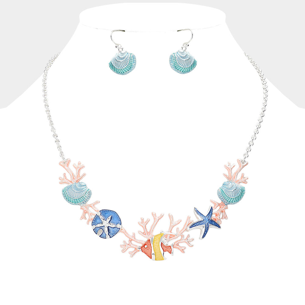 Madeline Love Multi, Silver Enamel Sea Shell Sand Dollar Fish Seaweed Link Necklace - Necklaces