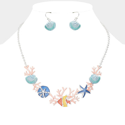 Madeline Love Multi, Silver Enamel Sea Shell Sand Dollar Fish Seaweed Link Necklace - Necklaces