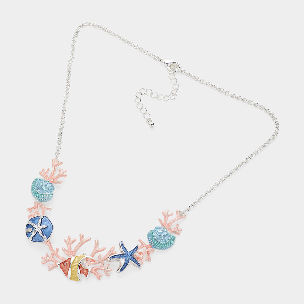Madeline Love Multi, Silver Enamel Sea Shell Sand Dollar Fish Seaweed Link Necklace - Necklaces - desc